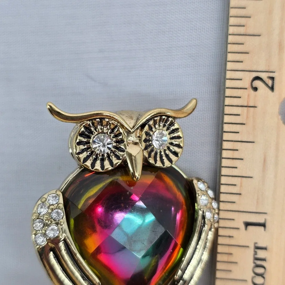 Napier Vintage Gold Tone Owl Brooch Watermelon Glass Heart Rhinestone Pin 2 Inch